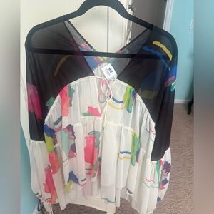 H&M White and Pink Asymmetrical Long Sleeve Blouse